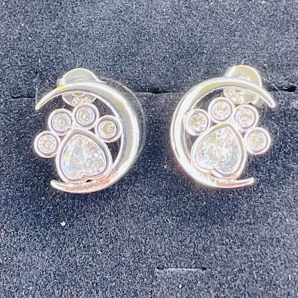 NEW 925 Sterling Silver and Zircon Gemstone Dog Paw Moon Shaped Hollow‎ Earrings